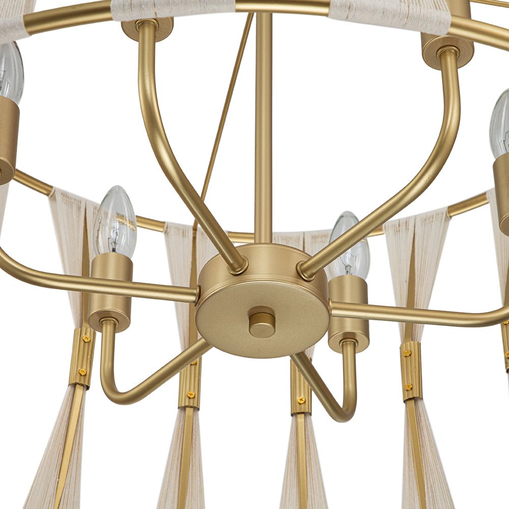 Candelabro moderno boho marfil de 6 luces, tejido a mano, para crear ambientes cálidos.