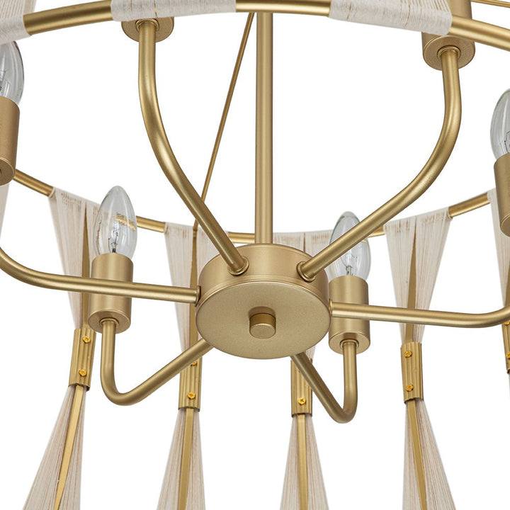 Candelabro moderno boho marfil de 6 luces, tejido a mano, para crear ambientes cálidos.