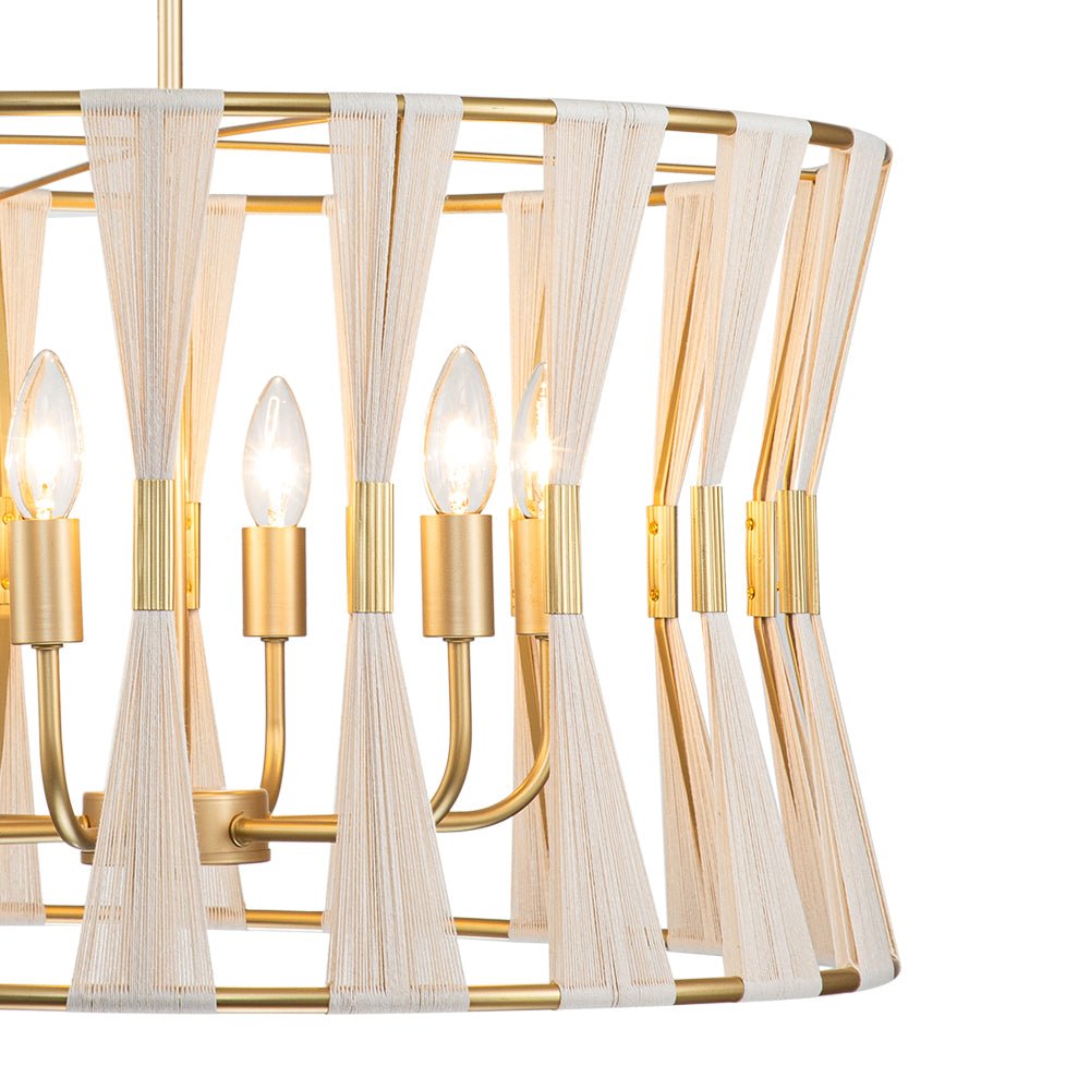 Candelabro artesanal tejido en algodón marfil, 6 luces, estilo boho para un salón acogedor.