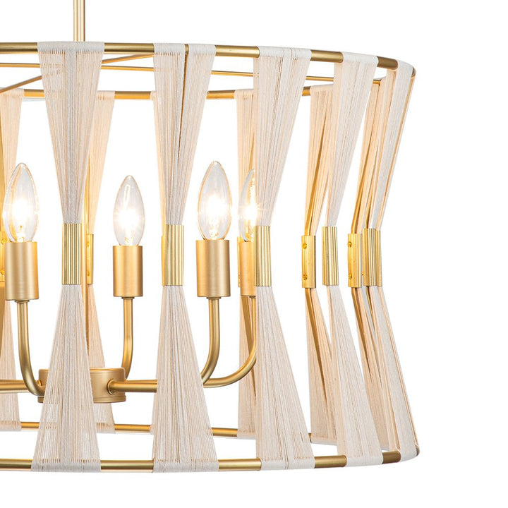 Candelabro artesanal tejido en algodón marfil, 6 luces, estilo boho para un salón acogedor.