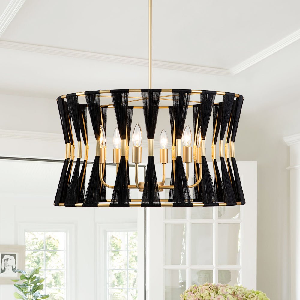 Candelabro colgante boho marfil de algodón con 6 luces, ideal para iluminación de salón.