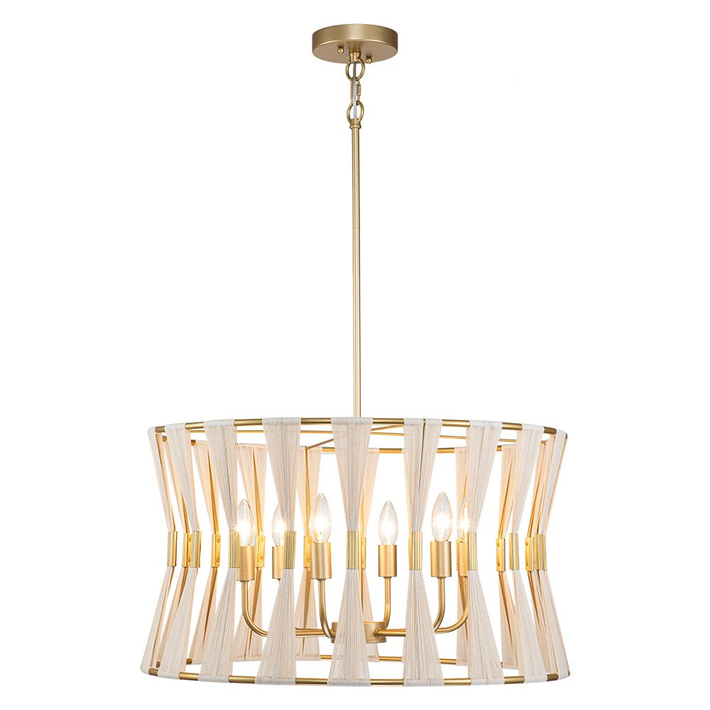 Primer plano del tejido de algodón macramé en candelabro boho marfil de 6 luces.
