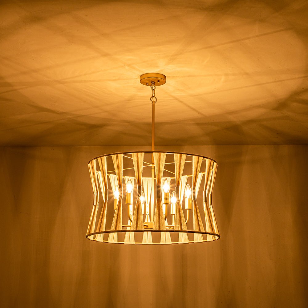 Candelabro marfil de 6 luces que crea un ambiente cálido, diseño tejido boho para salón.