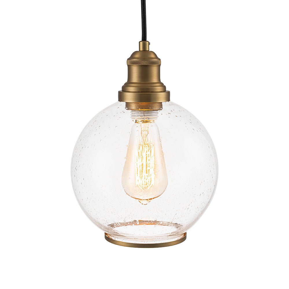 Lámpara colgante de diseño globo, vidrio semilla, ideal para mesa de comedor o isla de cocina.