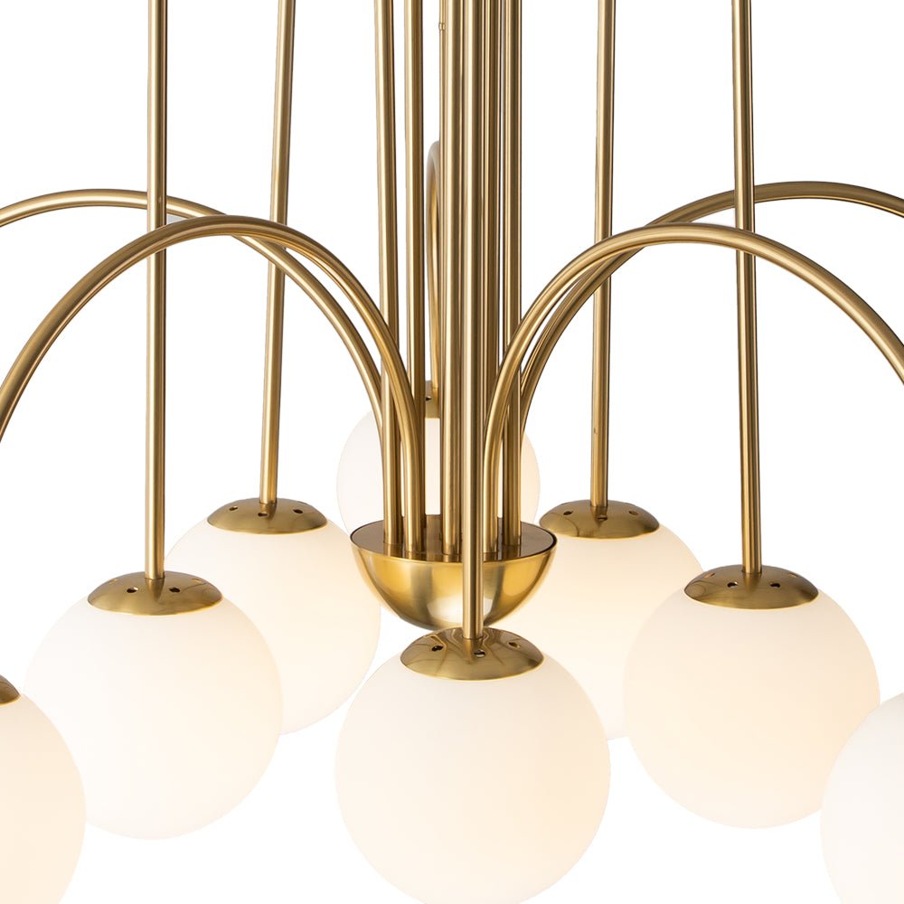 Candelabro de diseño moderno con 10 burbujas de vidrio, brazos curvos, ideal para salón contemporáneo.