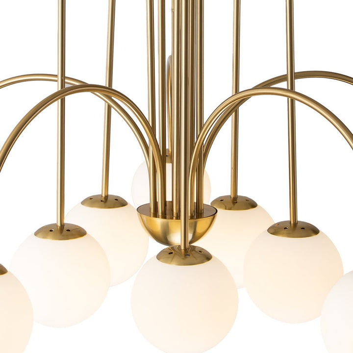 Candelabro de diseño moderno con 10 burbujas de vidrio, brazos curvos, ideal para salón contemporáneo.