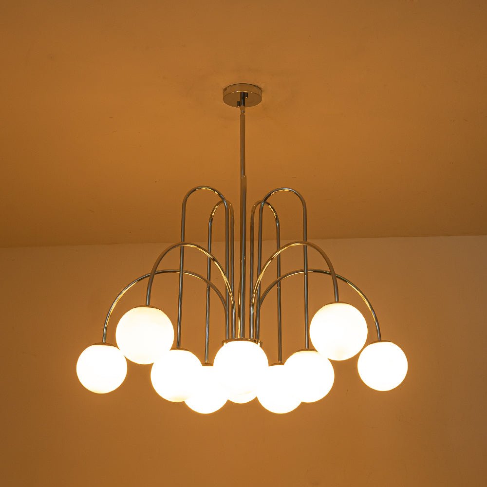 Iluminación contemporánea: lámpara de araña de vidrio burbuja, 10 luces, brazos curvos, salón.