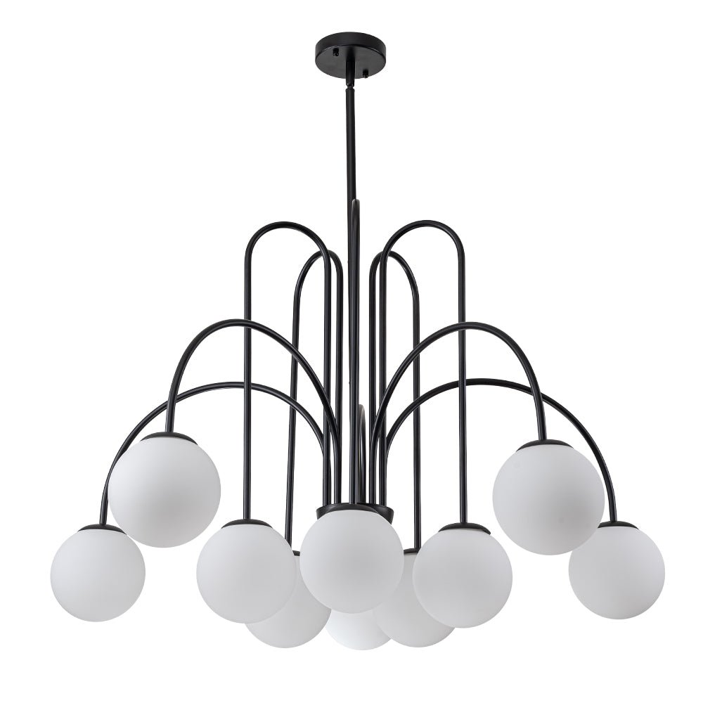 Iluminación de diseño para salón: lámpara de araña contemporánea con 10 burbujas de vidrio y curvas.