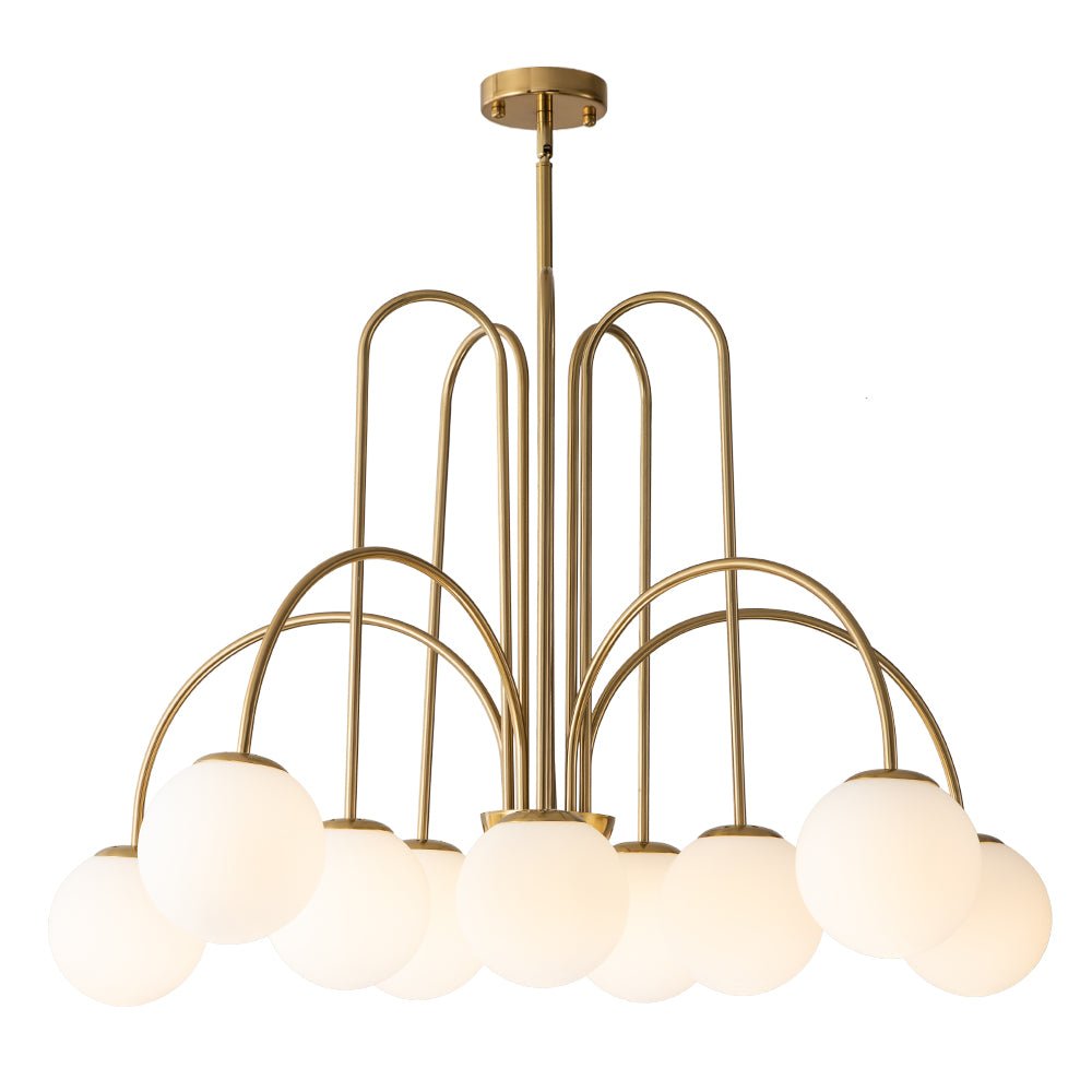 Lámpara de araña contemporánea con esferas de vidrio burbuja, 10 focos y estructura curva, diseño.
