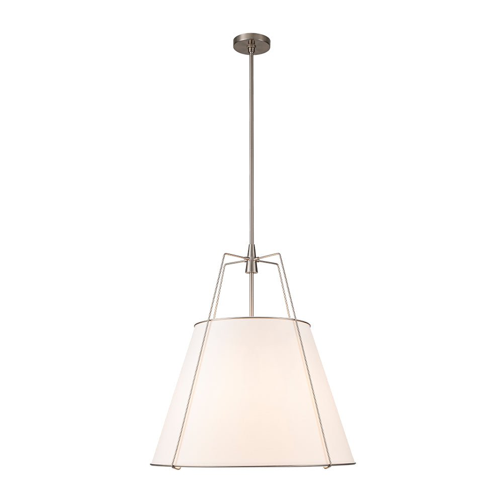 Iluminación de sala. Luz colgante cónica de 4 focos, estilo moderno y acabado níquel.