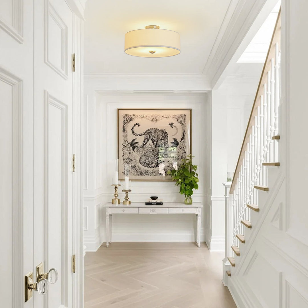 Plafón de techo semi-flush moderno de lino beige. 4 luces, ideal para pasillos o entradas.