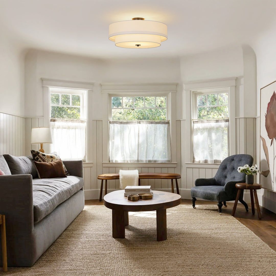 Luz de techo de lino gris claro, semi-flush. Lámpara decorativa moderna con 4 bombillas.