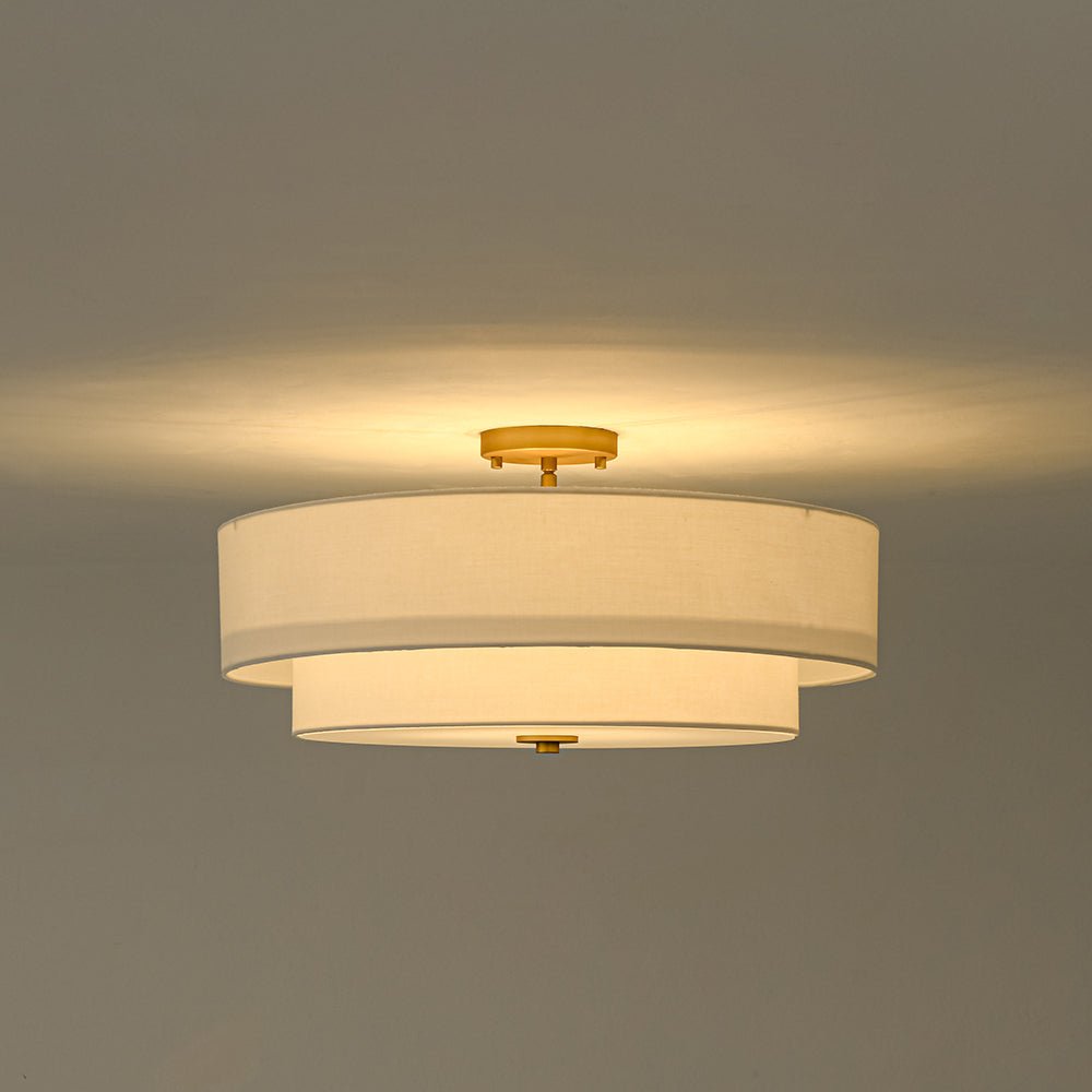 Diseño de lámpara de techo moderna semi-flush. Pantalla de lino tambor con 4 luces LED.