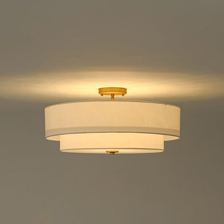 Diseño de lámpara de techo moderna semi-flush. Pantalla de lino tambor con 4 luces LED.