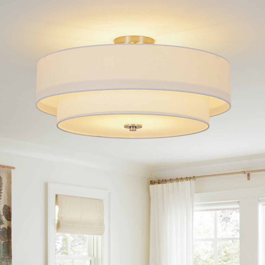 Plafón semi-flush de lino beige con diseño moderno. Iluminación interior de 4 luces para el hogar.