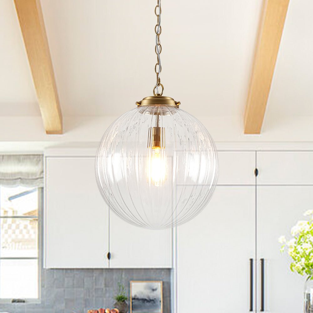 Lámpara colgante de esfera estriada. Vidrio texturizado, iluminación moderna para decoración hogar.