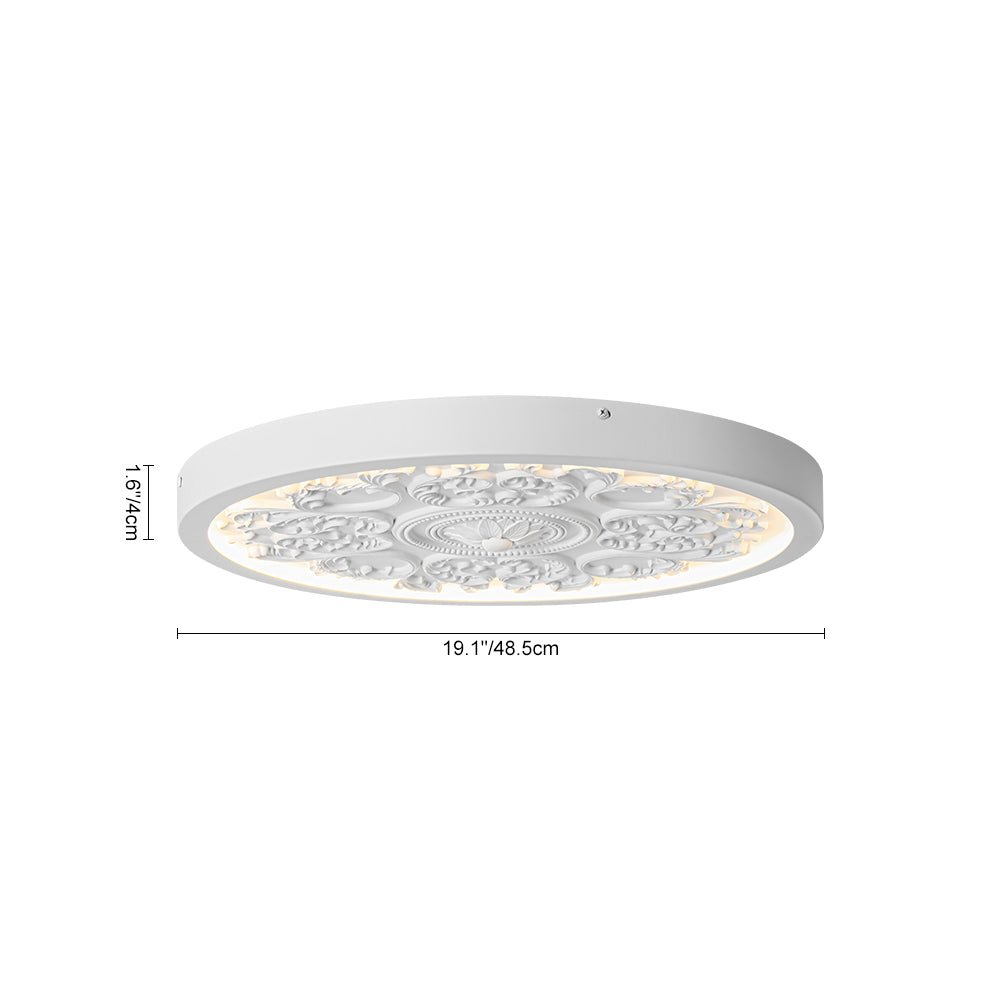 Luminaria de techo LED. Resina con flor grabada estilo francés. Montaje empotrado para iluminación y decoración.