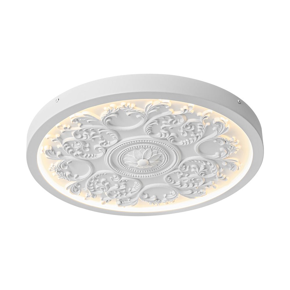 Luz de techo LED blanco cálido. Resina con flor grabada estilo francés. Iluminación interior decorativa.