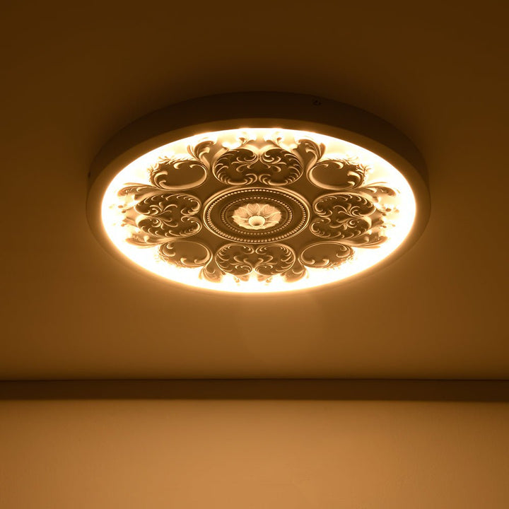 Elegante luz de techo LED de resina. Flor grabada estilo francés. Montaje empotrado para decoración hogar.