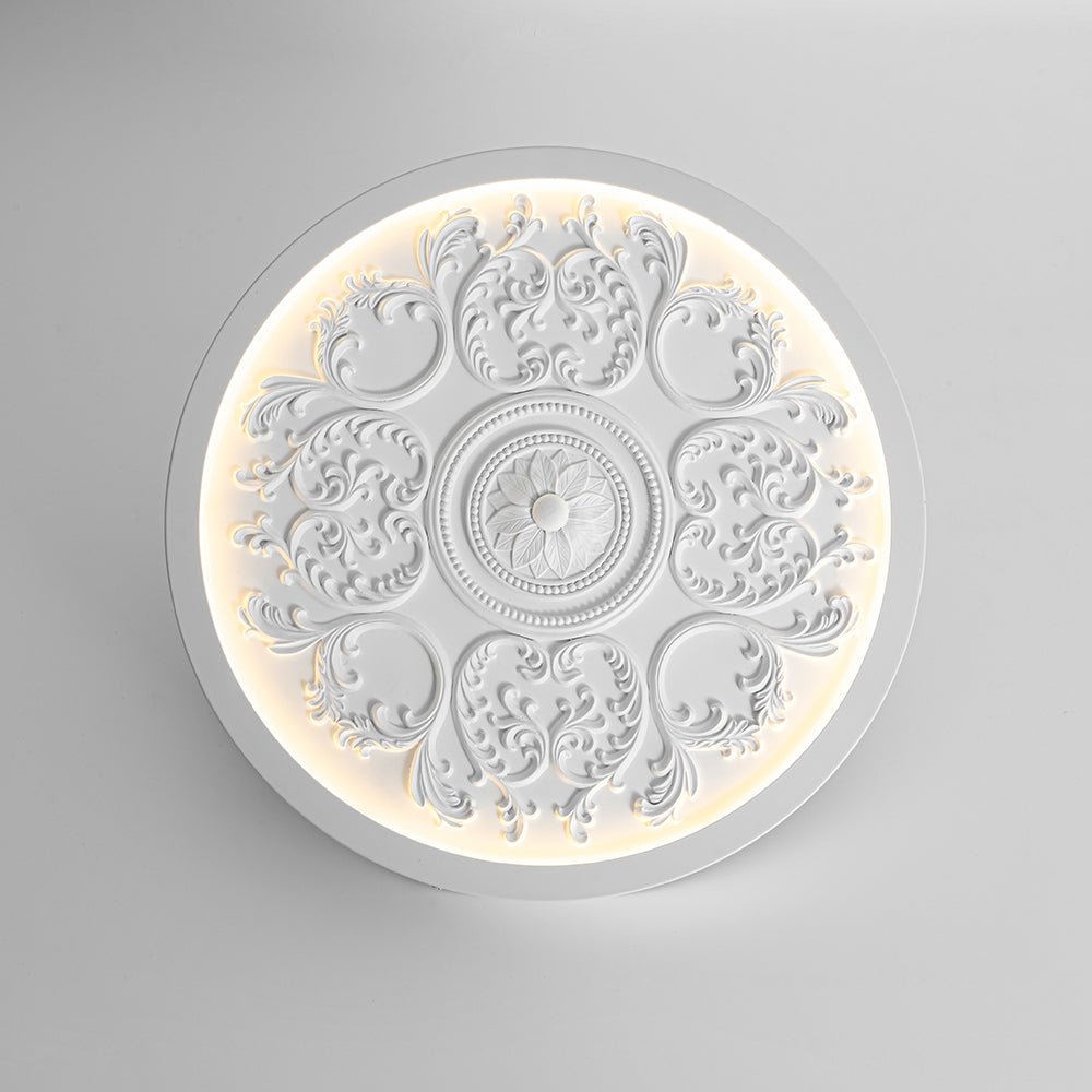 Luz de techo de resina, LED blanco cálido. Flor grabada estilo francés. Luminaria de montaje empotrado.