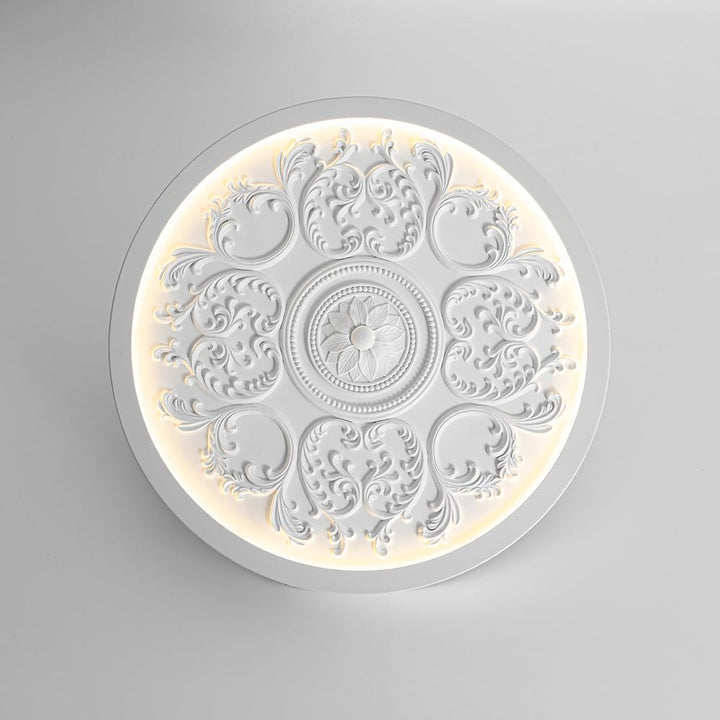 Luz de techo de resina, LED blanco cálido. Flor grabada estilo francés. Luminaria de montaje empotrado.