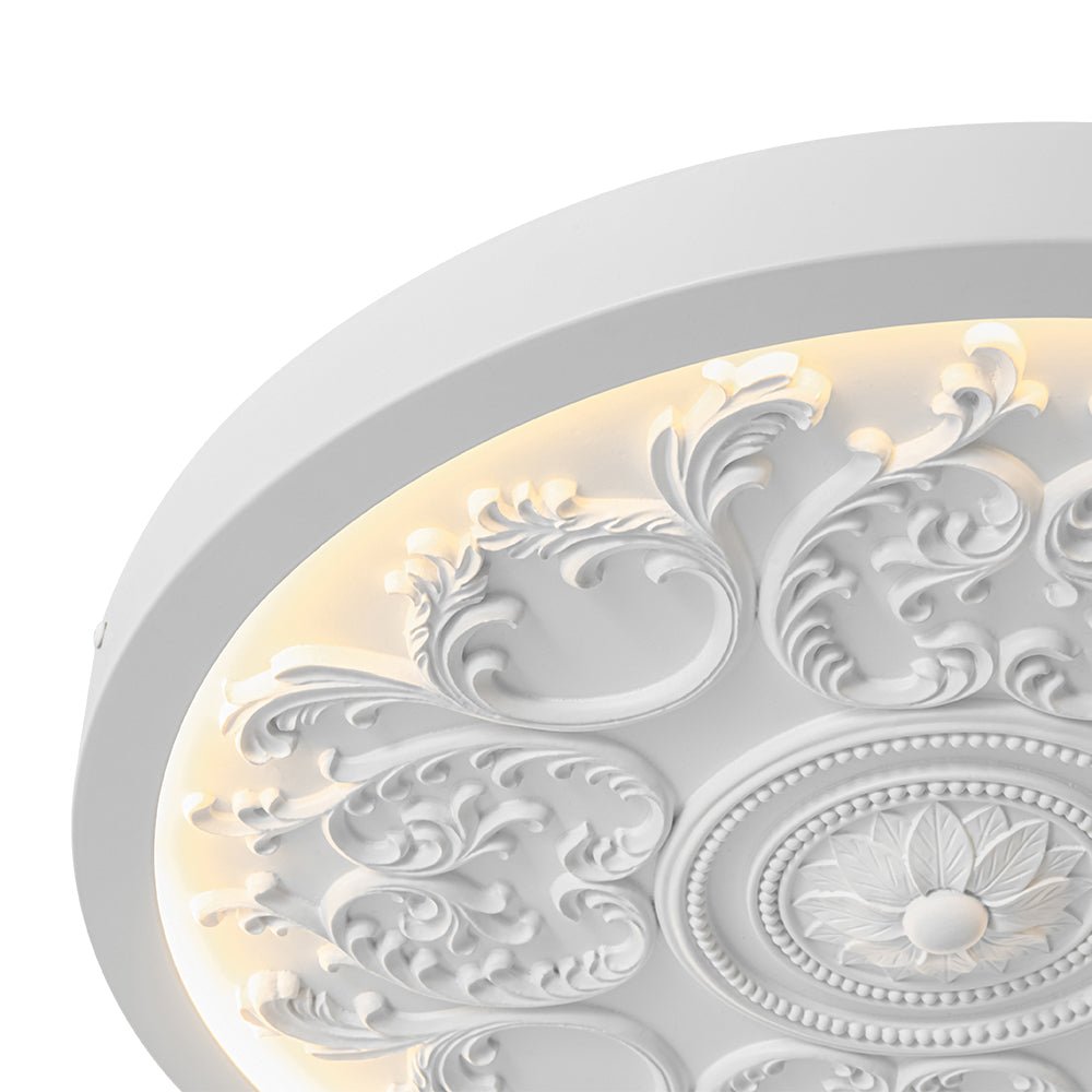 Luz de techo LED de resina con flor grabada. Estilo francés. Montaje empotrado. Ideal para iluminación hogar.