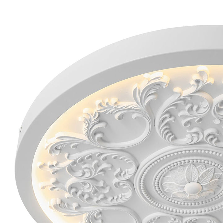 Luz de techo LED de resina con flor grabada. Estilo francés. Montaje empotrado. Ideal para iluminación hogar.