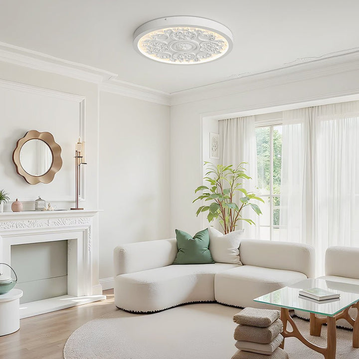 Luz de techo LED de resina, estilo francés. Flor grabada, montaje empotrado. Ideal para decoración hogar.