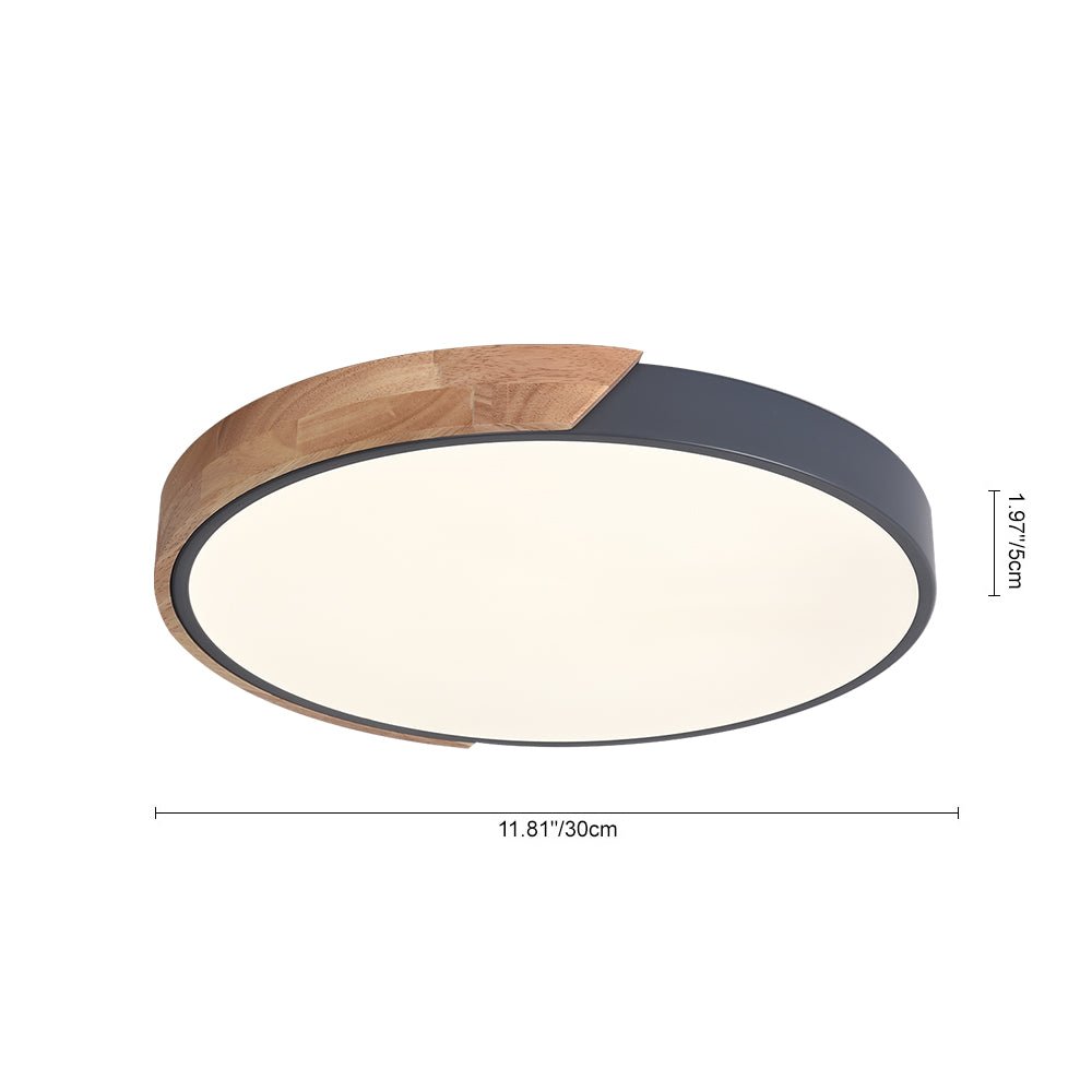 Luz LED de techo regulable redonda con acabado de madera, ideal para una iluminación interior sofisticada y funcional.