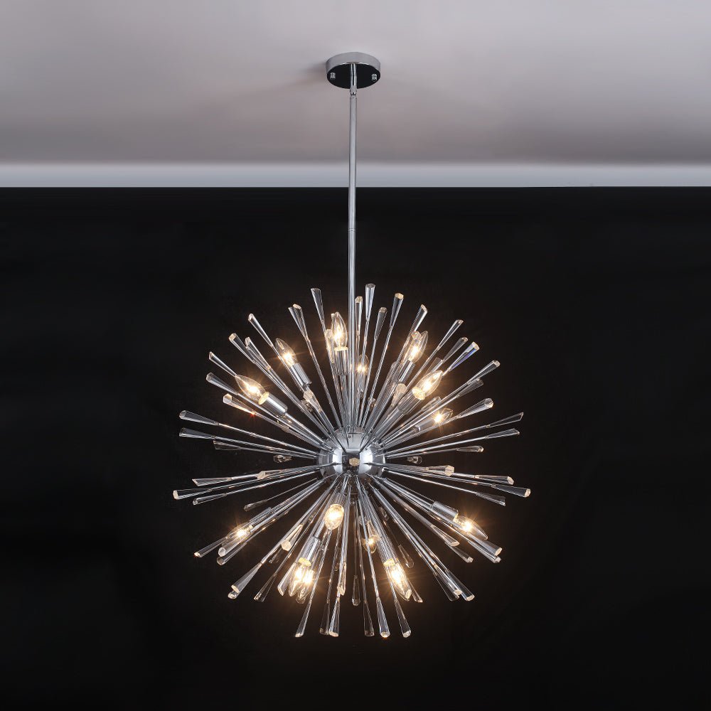 Araña contemporánea cromada estilo Sputnik, 20 luces. Lámpara de cristal diente de león, luz regulable.