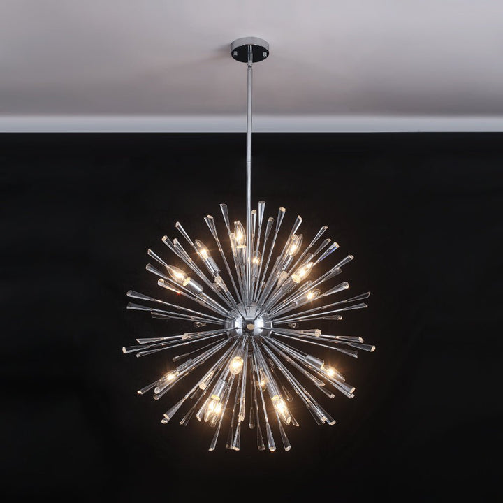 Araña contemporánea cromada estilo Sputnik, 20 luces. Lámpara de cristal diente de león, luz regulable.