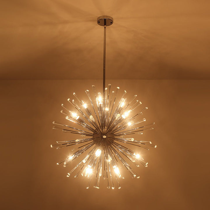 Vista lateral de araña de cristal estilo Sputnik dorada. Diente de león moderno, 16 luces.