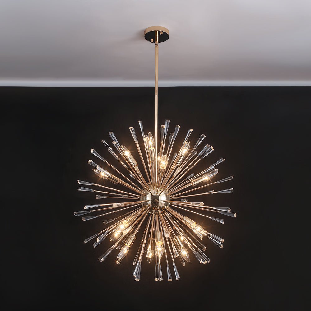 Lámpara de lujo dorada estilo Sputnik, 16 luces. Araña de cristal diente de león, iluminación contemporánea.