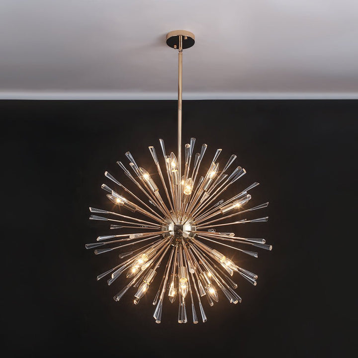 Lámpara de lujo dorada estilo Sputnik, 16 luces. Araña de cristal diente de león, iluminación contemporánea.