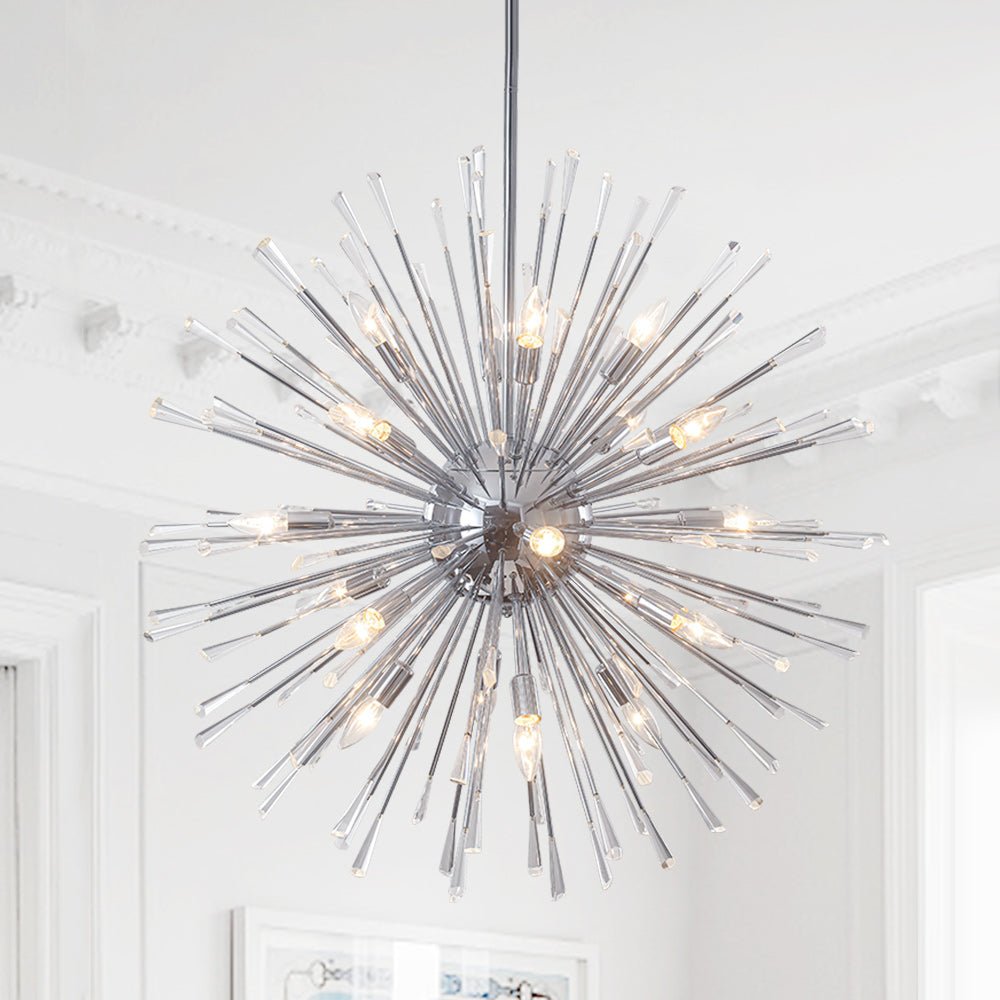 Araña cromada estilo Sputnik con cristales, 20 luces. Lámpara de techo decorativa, diseño contemporáneo.