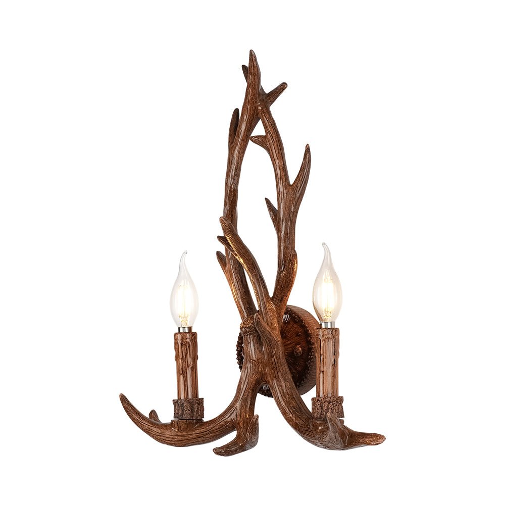 Luz de pared rústica de 2 luces en forma de cuerno de ciervo. Aplique estilo granja, de resina, para una iluminación cálida, marrón.