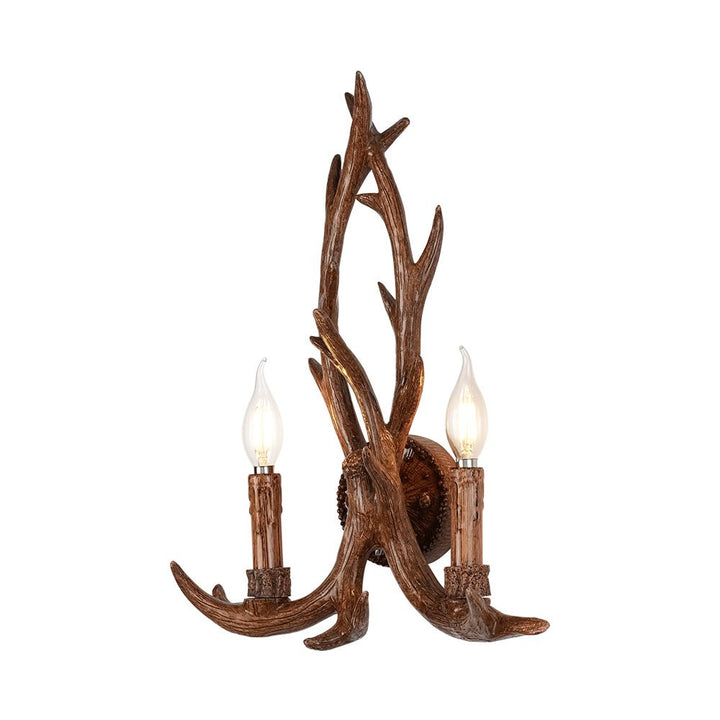 Luz de pared rústica de 2 luces en forma de cuerno de ciervo. Aplique estilo granja, de resina, para una iluminación cálida, marrón.