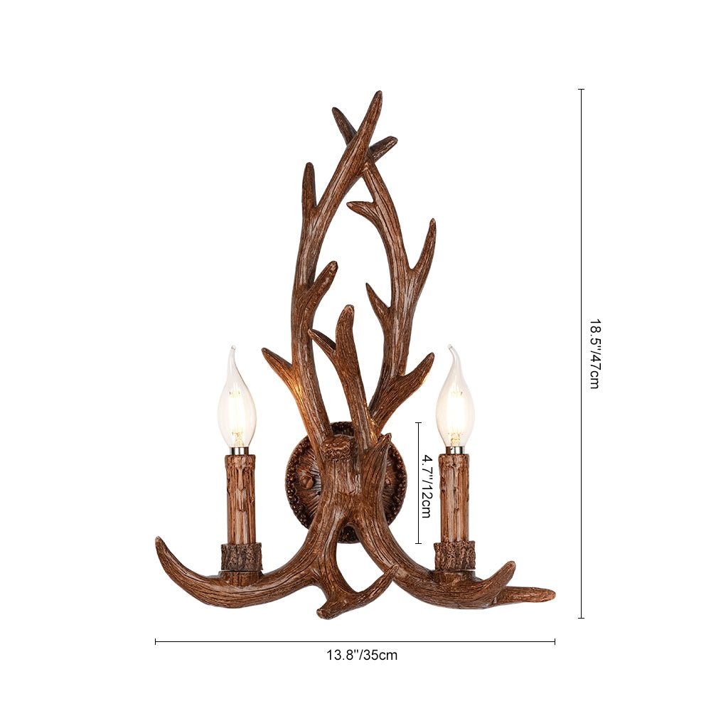 Luz de pared rústica de cuerno de ciervo con 2 focos. Aplique de resina estilo granja para iluminación y decoración campestre, marrón.