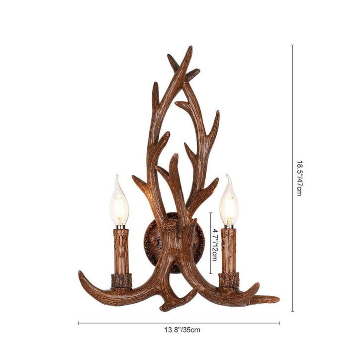 Luz de pared rústica de cuerno de ciervo con 2 focos. Aplique de resina estilo granja para iluminación y decoración campestre, marrón.