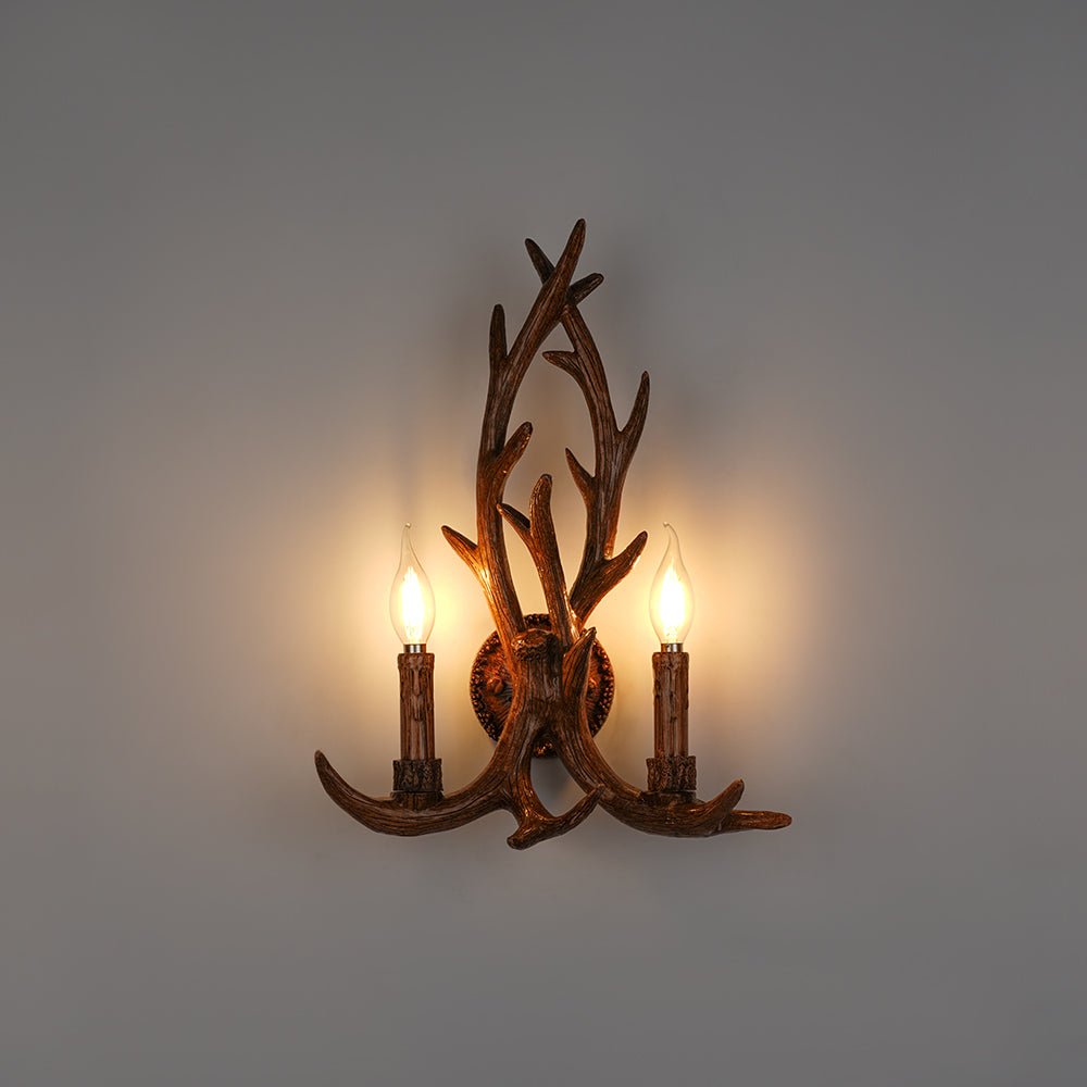 Iluminación de pared rústica con 2 focos, imitación cuerno de ciervo. Aplique de estilo granja para decoración campestre, marrón.