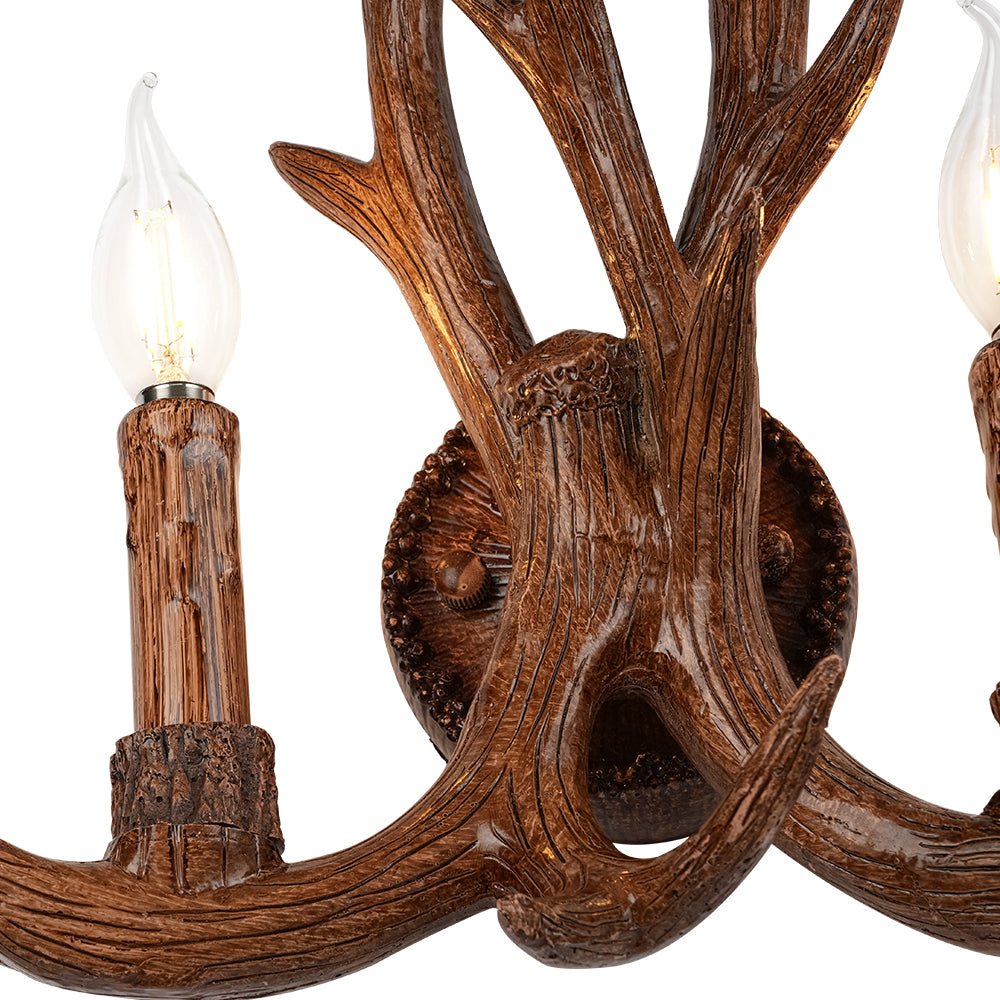 Aplique de pared estilo granja con diseño de cuerno de ciervo. Luz rústica de 2 focos para decoración, en resina marrón.