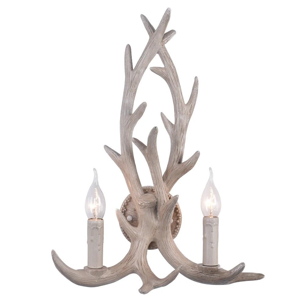 Iluminación rústica de pared con 2 luces en cuerno de ciervo. Aplique estilo granja, ideal para decoración campestre, color marrón/blanco.