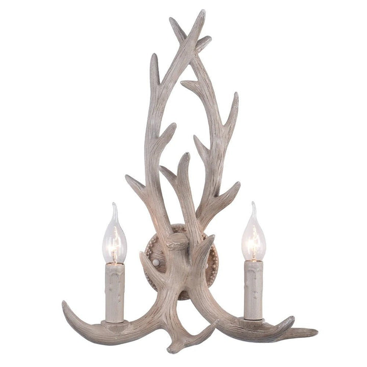 Iluminación rústica de pared con 2 luces en cuerno de ciervo. Aplique estilo granja, ideal para decoración campestre, color marrón/blanco.