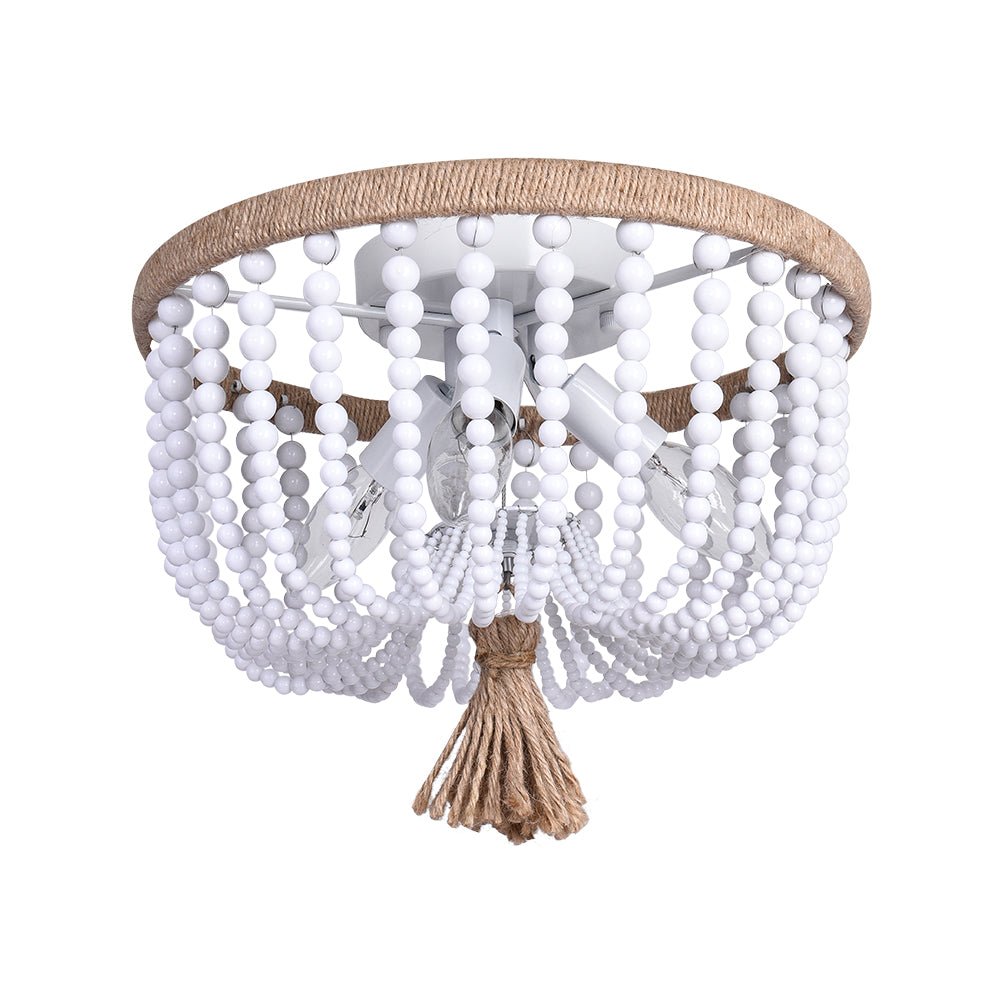 Luz de techo empotrada granja con perlas blancas y cuerda de cáñamo. Crea un ambiente cálido y acogedor.
