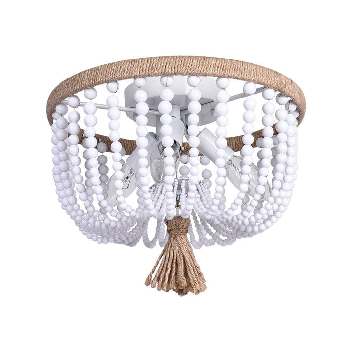 Luz de techo empotrada granja con perlas blancas y cuerda de cáñamo. Crea un ambiente cálido y acogedor.