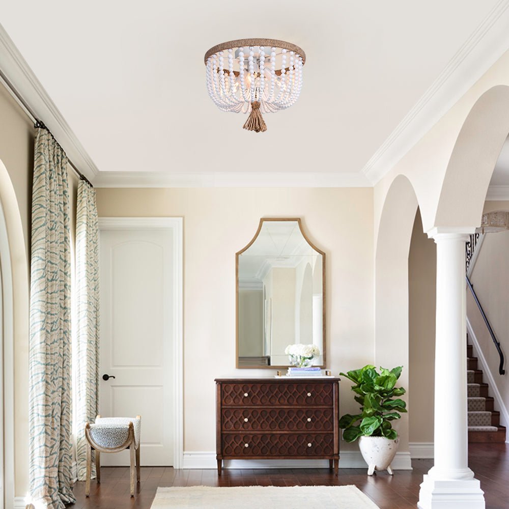 Lámpara de techo bohemia con cuerda de cáñamo natural y perlas. Iluminación costera para salón.