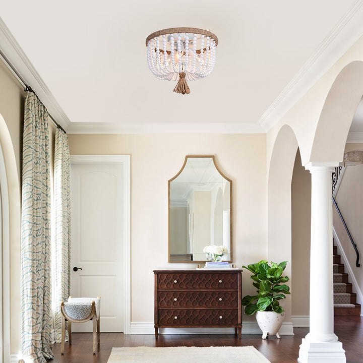 Lámpara de techo bohemia con cuerda de cáñamo natural y perlas. Iluminación costera para salón.