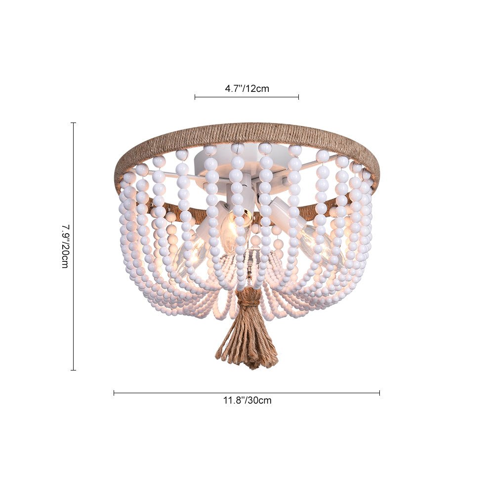 Luz de techo decorativa para dormitorio granja. Perlas blancas y cuerda de cáñamo, estilo bohemio-costero.