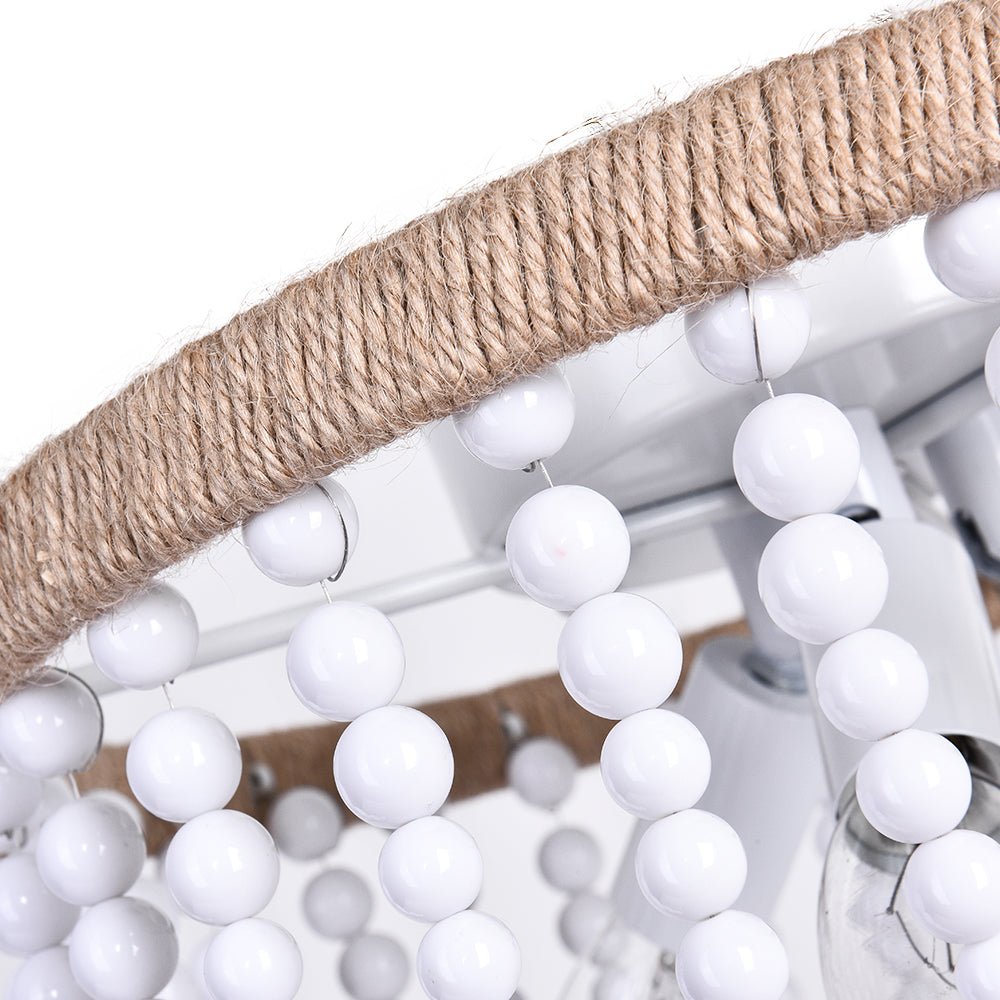 Lámpara de techo estilo granja y costera con perlas blancas y cuerda de cáñamo. Iluminación chic para el hogar.