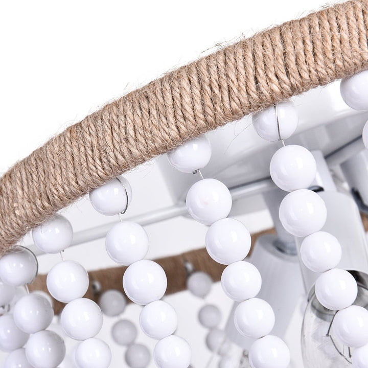 Lámpara de techo estilo granja y costera con perlas blancas y cuerda de cáñamo. Iluminación chic para el hogar.